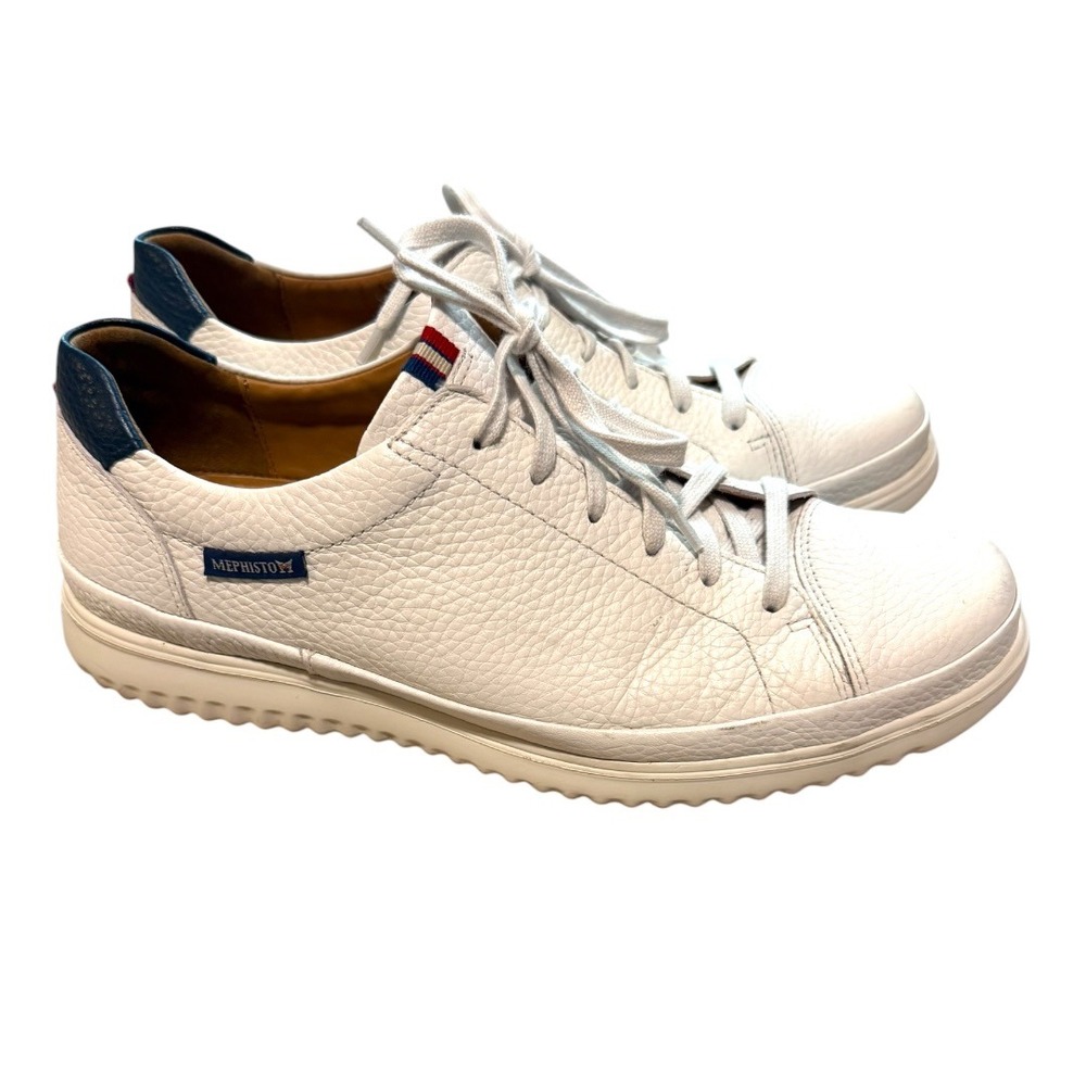 Mephisto Sneakers Mens 9.5 White Pebbled Leather Air-Jet Low Top Navy Accent